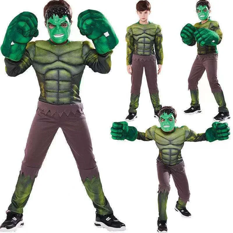 Cos Kids Green Superheroes Anime Cosplay Muscle Costumes with Gloves Boys Birthday Halloween Carnival Party Hulk Dress Up Jumpsu