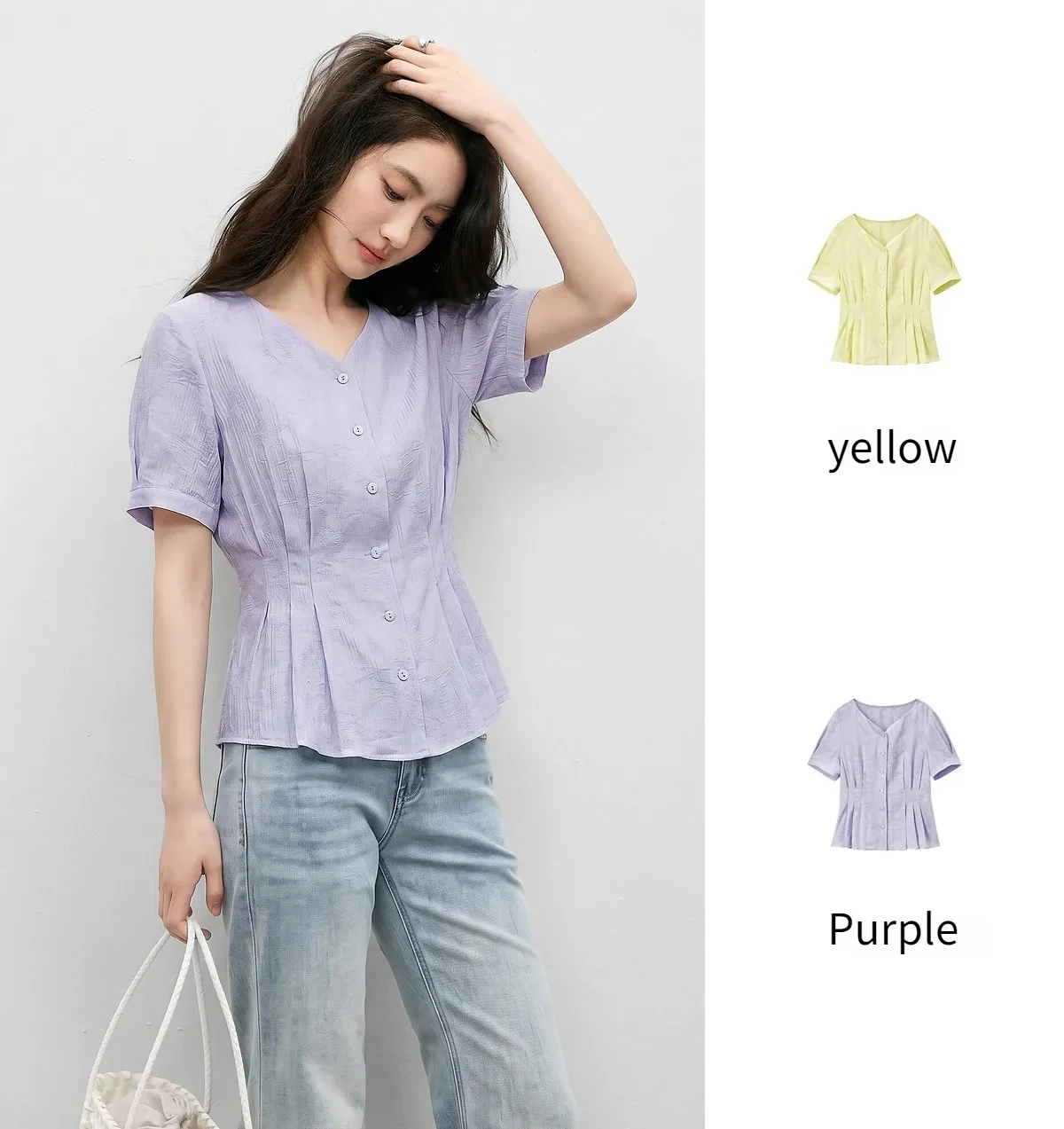 SENTUBILA Casual V-Ausschnitt Strukturierte Chiffon-Bluse für Damen 2026 Sommer Plissierte Taille Laternenärmel Hemd 162VA6625 – Detail 10