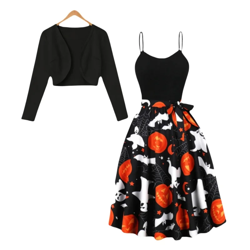 Party style Halloween retro set new long sleeved shirt with camisole inside and long skirt two-piece set