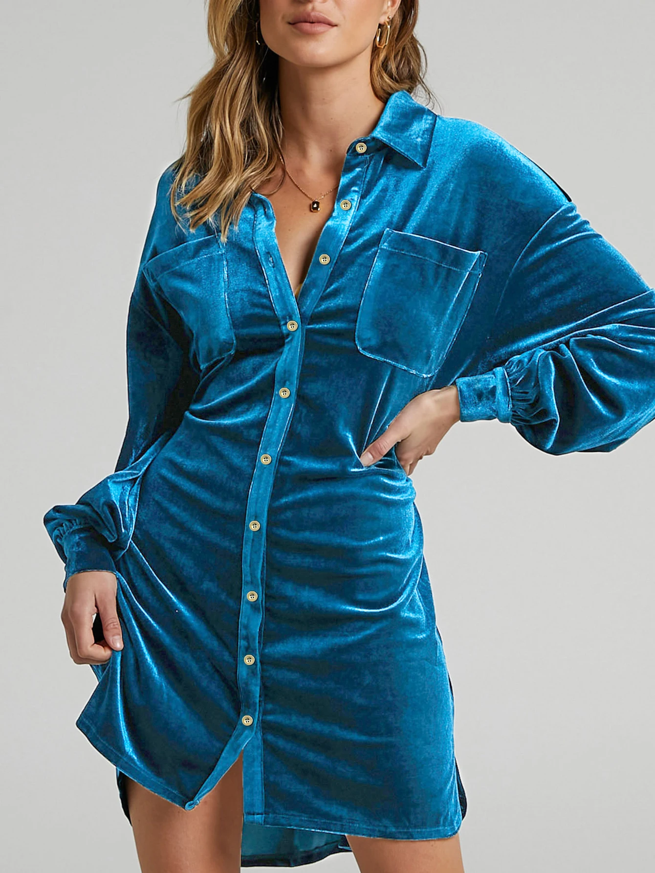 เดรสสั้นแขนยาวสำหรับผู้หญิง แฟชั่นฤดูใบไม้ร่วง สีพื้นเรียบง่าย คอเสื้อเชิ้ต สไตล์ลำลอง มีกระเป๋า