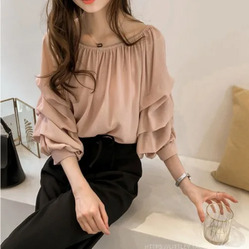 Herbst Neue Mode Koreanischen Stil frauen Lose Chiffon Langarm Slash Neck Shirts Weibliche Einfarbig Casual Trendy Kleidung Top