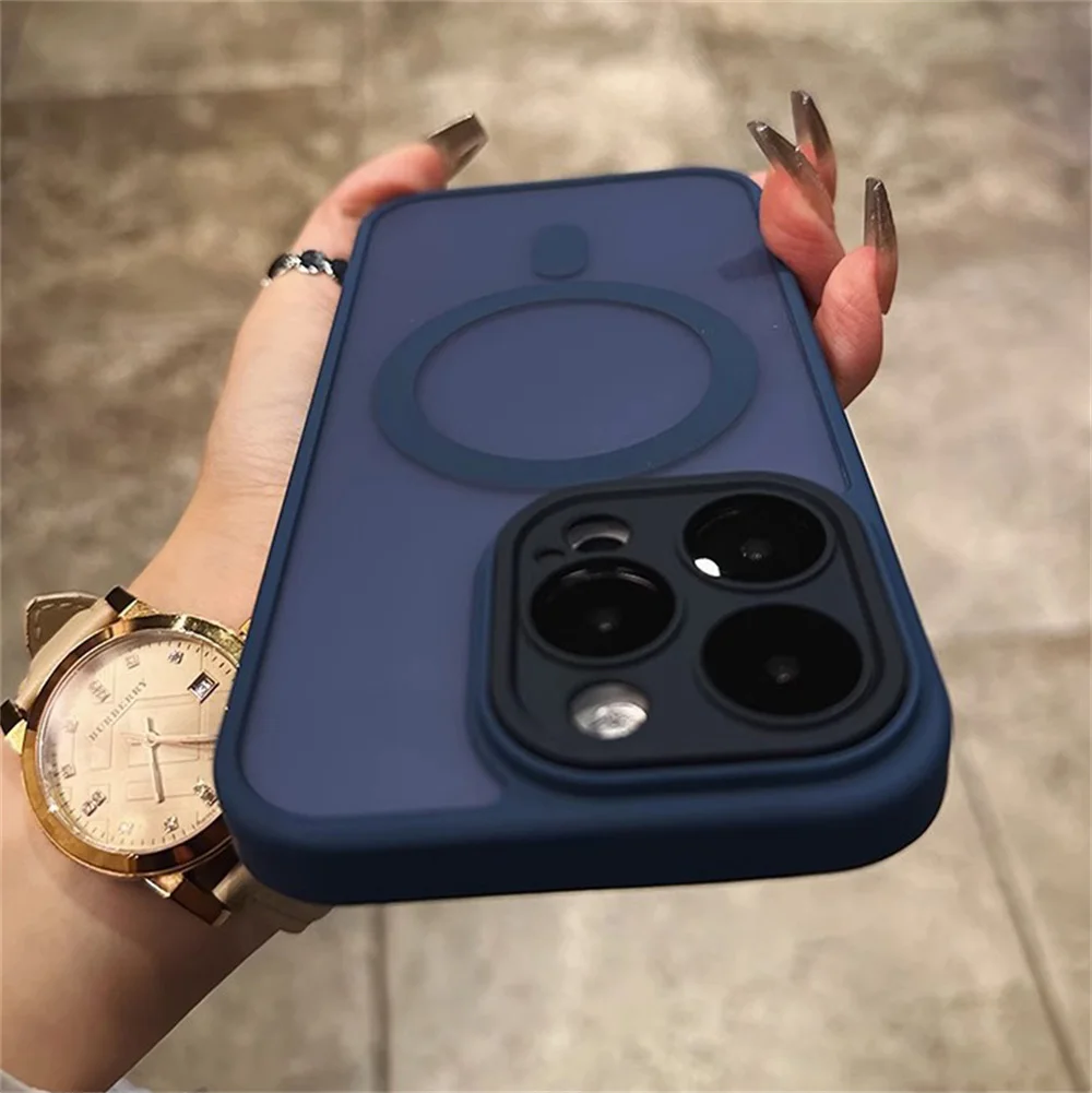 آيفون 11 12 13 14 15 16 برو ماكس بلس حافظة شحن لاسلكية مغناطيسية صغيرة فاخرة غير لامعة درع Magsafe غطاء صلب مقاوم للصدمات