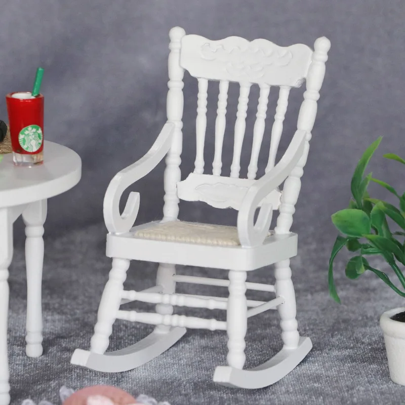 정교한 1:12 인형집 가구 미니어처 클래식 흔들의자 화이트 레드 우드 컬러 인형집 액세서리 모델 장난감