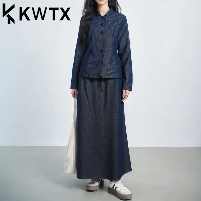 

KWTX Women’s Navy Blue 2 Piece Dress Set Shirt Top & Tie Waist Skirt Slim Fit SS2025 Spring Summer Casual Elegant Luxury