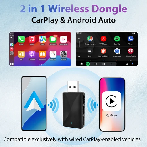 Imagen 2 del producto Adaptador CarPlay inalámbrico, CarPlay de tamaño mini 2 en 1 actualizado 2025 y Android Auto, convertido con cable a inalámbrico con USB y USB-C/tipo