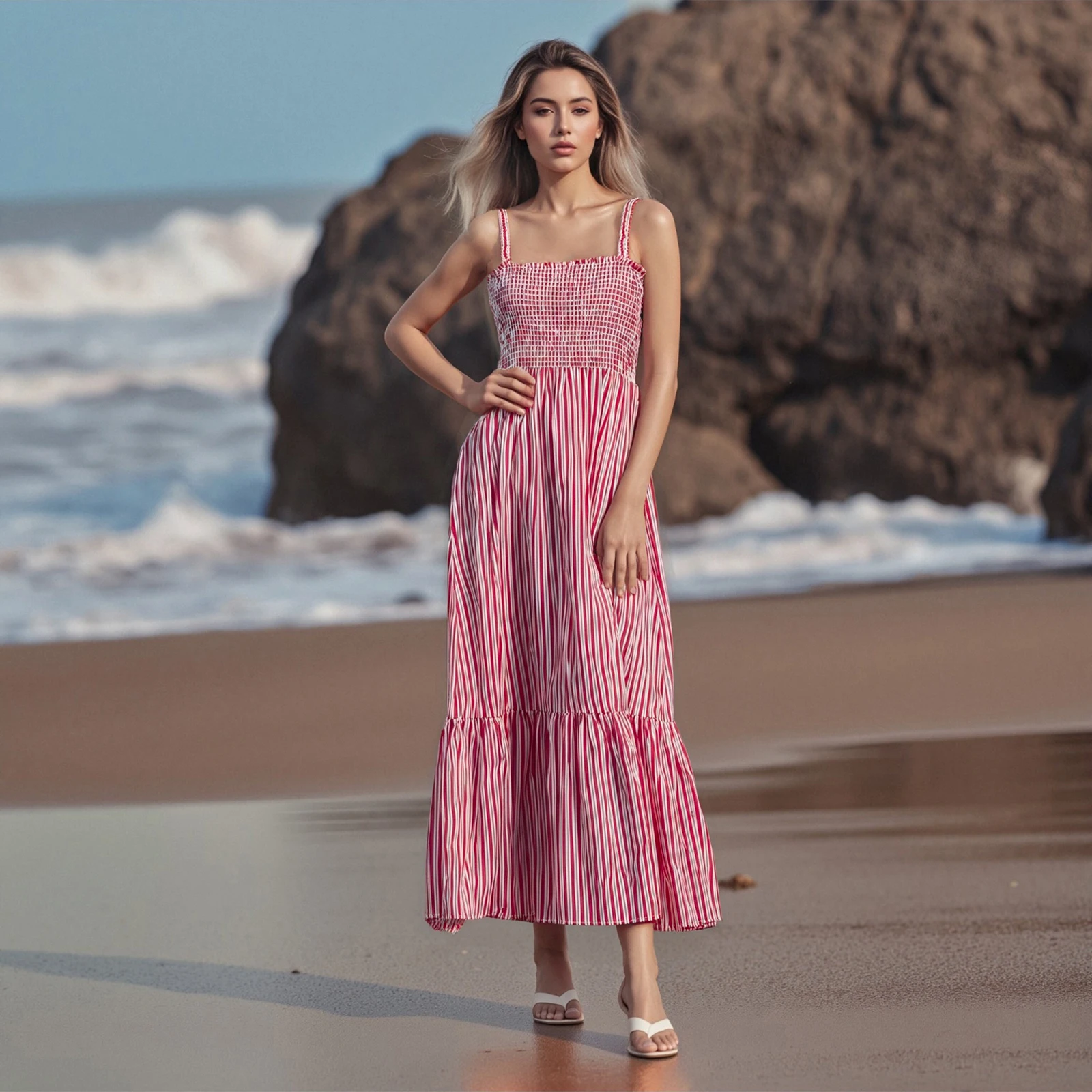 Nieuwe dames mouwloze jurk casual zomer gestreepte print backless a-lijn feestjurk voor vakantie cocktail strand streetwear