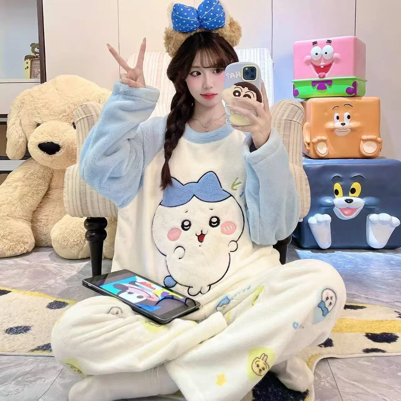 Cute Anime Usagi Pajamas Set Fleece Top Allover Cartoon Print Trousers Ladies Cozy Warm Flannel Home Sleepwear Family Matching 3