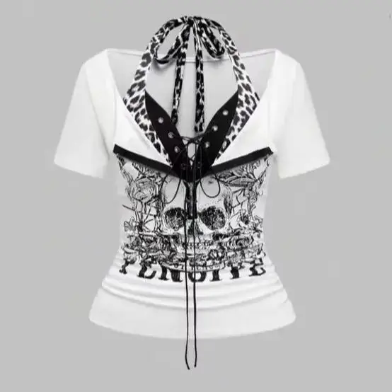 

Готическая панк-модная футболка с леопардовым принтом и принтом черепа, женская тонкая футболка в стиле ретро, новый летний топ из двух предметов