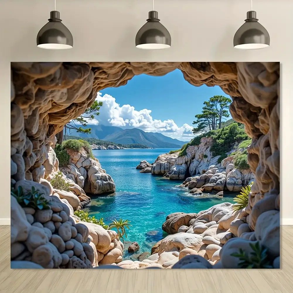 1pc realistic 2D turquoise water and rock arch beach cave polyester background - Greek Island-themed party decoration