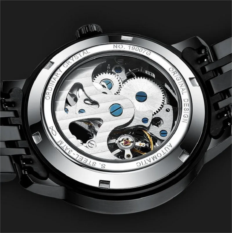 Cool Black Skeleton Watch For Men Luxury Brand Mark Fairwhale Business Dress Stainless Steel Automatic Mechanical Wristwatch Man