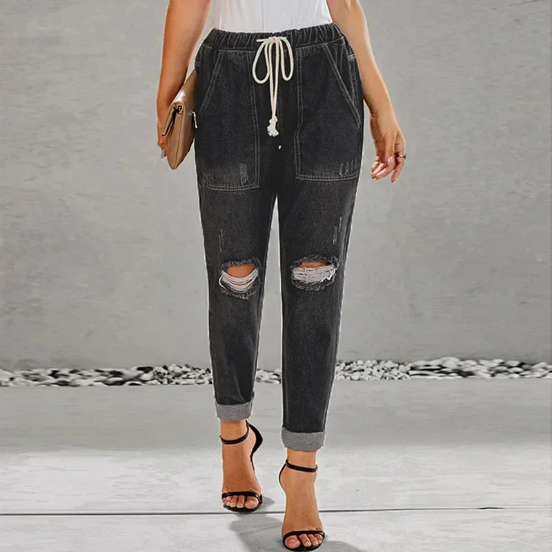 New 2022 Summer Sexy temperament European and American denim straight leg pants with elastic oversized women\'s jeans ripped