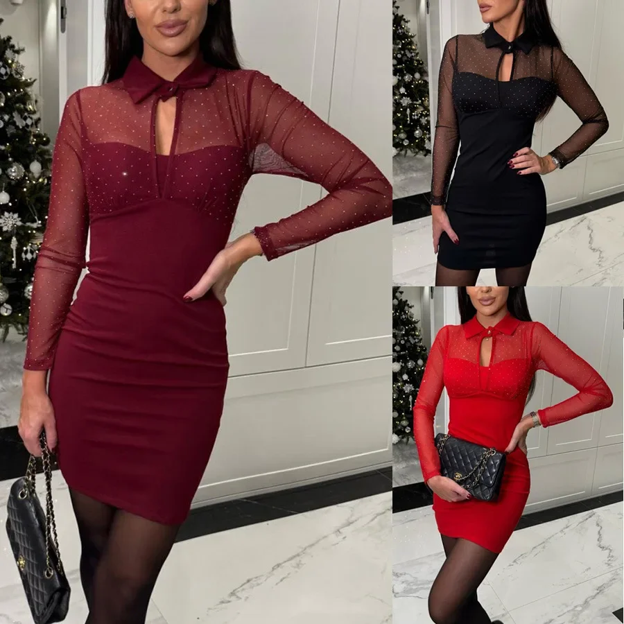 Women Spring Summer New Fake Two-piece Hip-wrapped Dress Casual Party Rheinstone Bodycon Mini Sexy Dress Long Sleeve