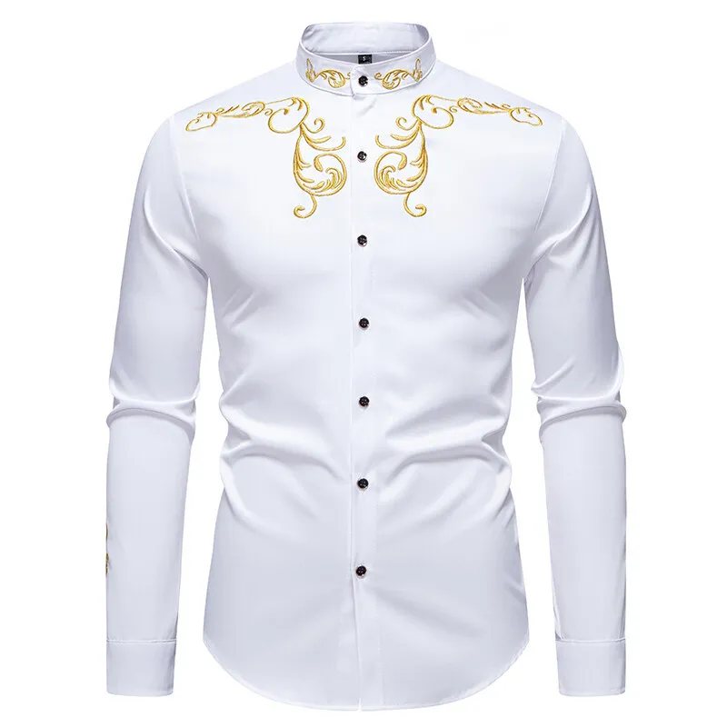 2025 Cross-border European Court Style Men's Embroidered Henry Long-sleeved Shirt European and American Fashion Casual Shirt