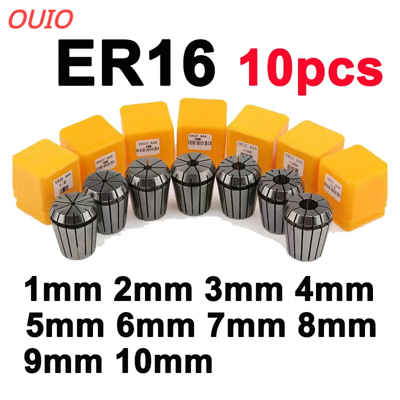 OUIO ER16 Collet Set10PCS Spindle Chuck Set 1-10mm ER16 Chuck 1 2 3 4 5 6 7 8 9 10mm 1/4 1/8 CNC Machining  ER11 ER16 ER20 ER25