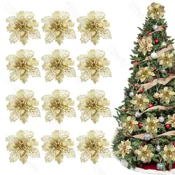 12Pcs Poinsettia Christmas Flowers with Clips Glitter Gold Artificial Christmas Flowers for Christmas Tree Wreathe Decorations