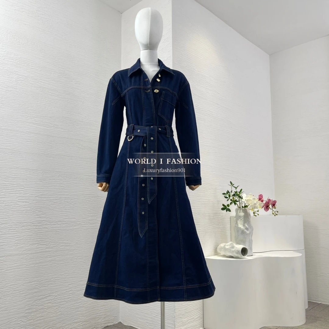 

Navy Blue Long Sleeve Turn Down Collar Denim Jean Midi Dress