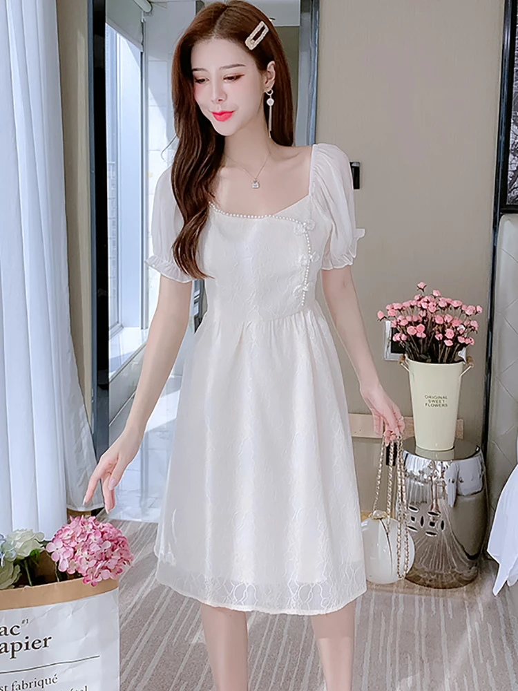 Women Korean Vintage Luxury Midi Dress Summer White Jacquard Chic Beading Square Collar Dress 2025 New Elegant Bodycon Vestidos