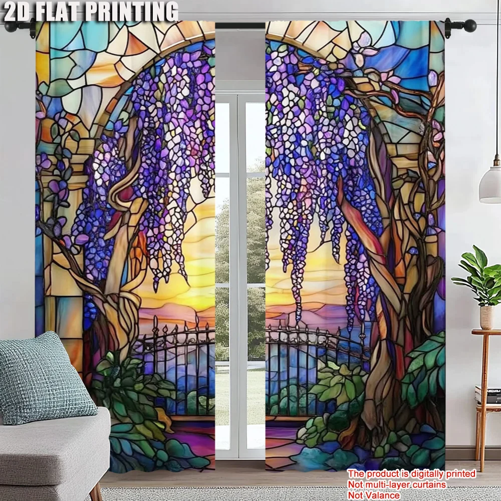 

2Pcs Flower Printed Window Curtain Rod Pocket Window Treatment For Home Decor Suitable For Bedroom Living Room Dining Room Study