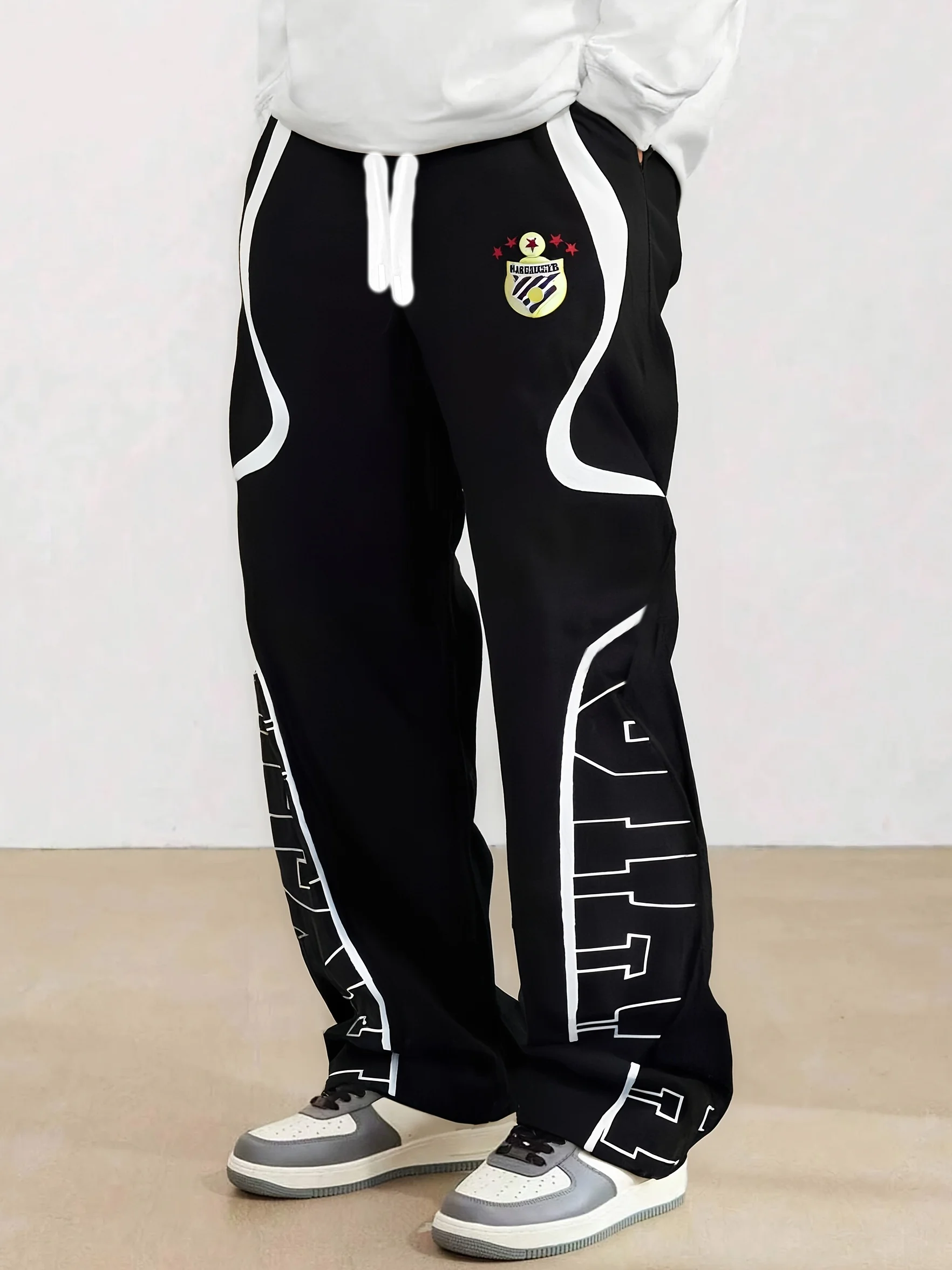 2026 Summer Kids Fast Dry Loose Pants Black White Curve Stripe & Badge Print Drawstring Elastic Waist Casual Streetwear Trousers