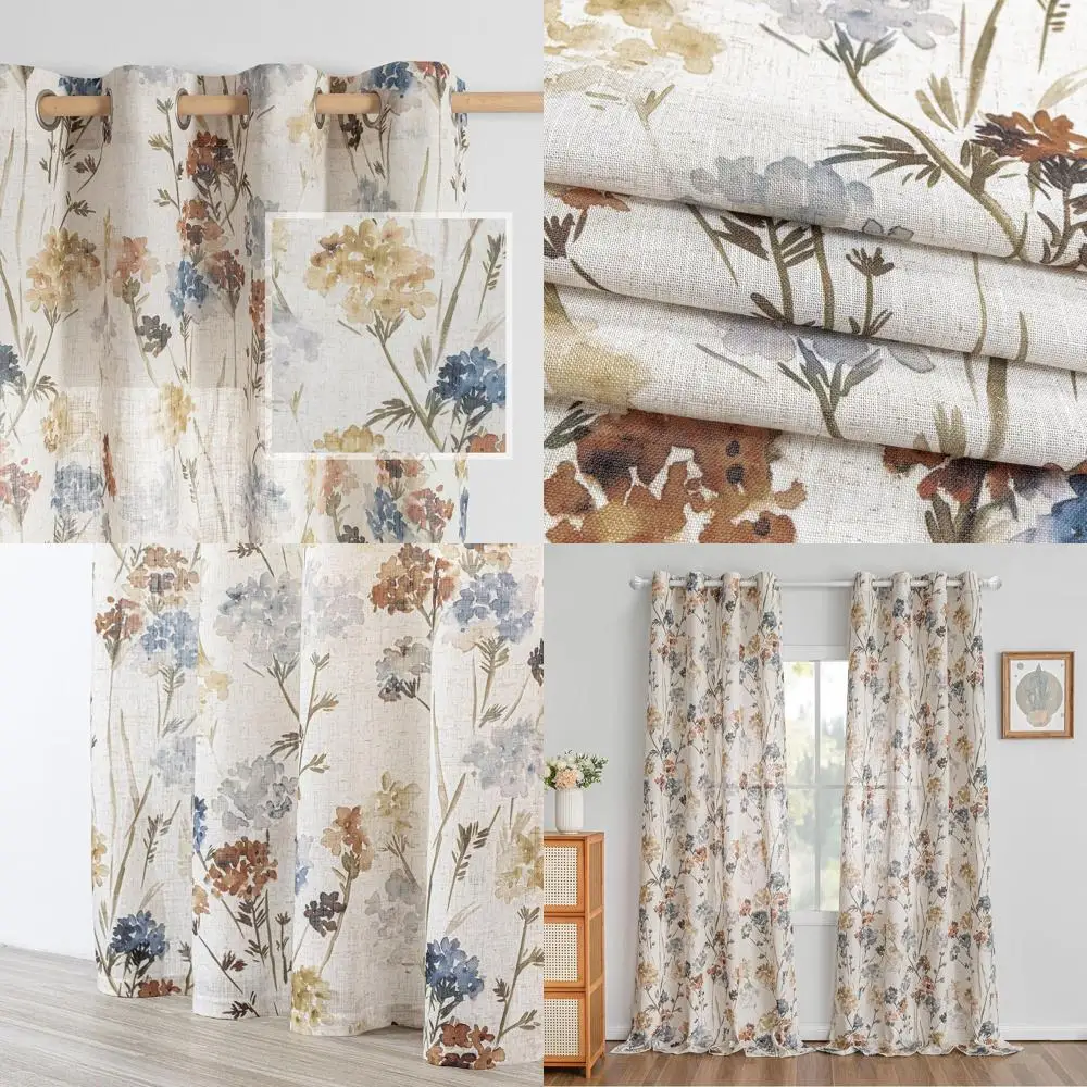 

Желтые полупрозрачные льняные шторы с цветочным узором для гостиной и столовой, 52x102 дюйма, комплект из 2 штук