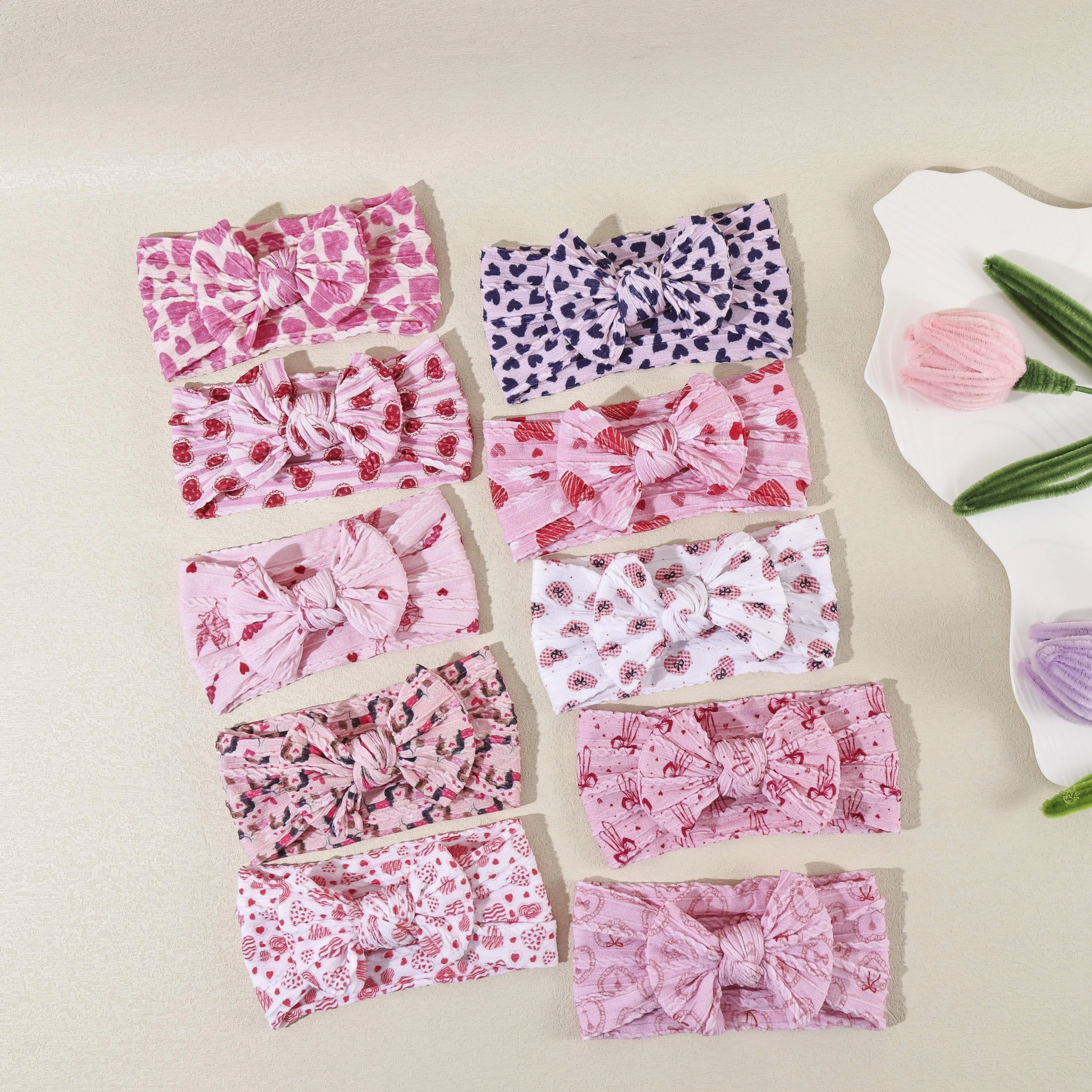 

24pc Pink Heart Leopard Print Nylon Baby Headbands Ribbed Cable Knit Bow Headwraps for Newborn Girls Valentine's Day Headwear