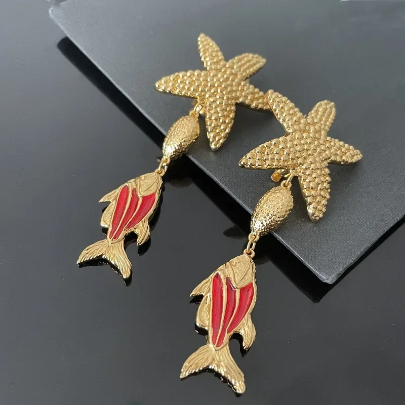 Exaggerated starfish shell goldfish ocean retro vintage medieval court without ear piercings sweep shoulder niche earrings women