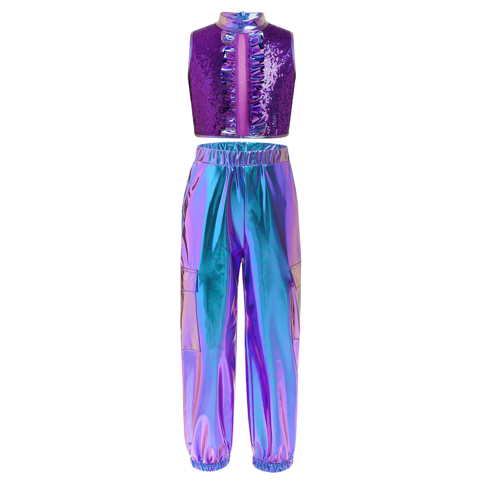 Kids Girls Disco Jazz Hip Hop Dance Outfit Sleeveless Shiny Sequin Ruffle Crop Top with Metallic Pants School Show Party Costume