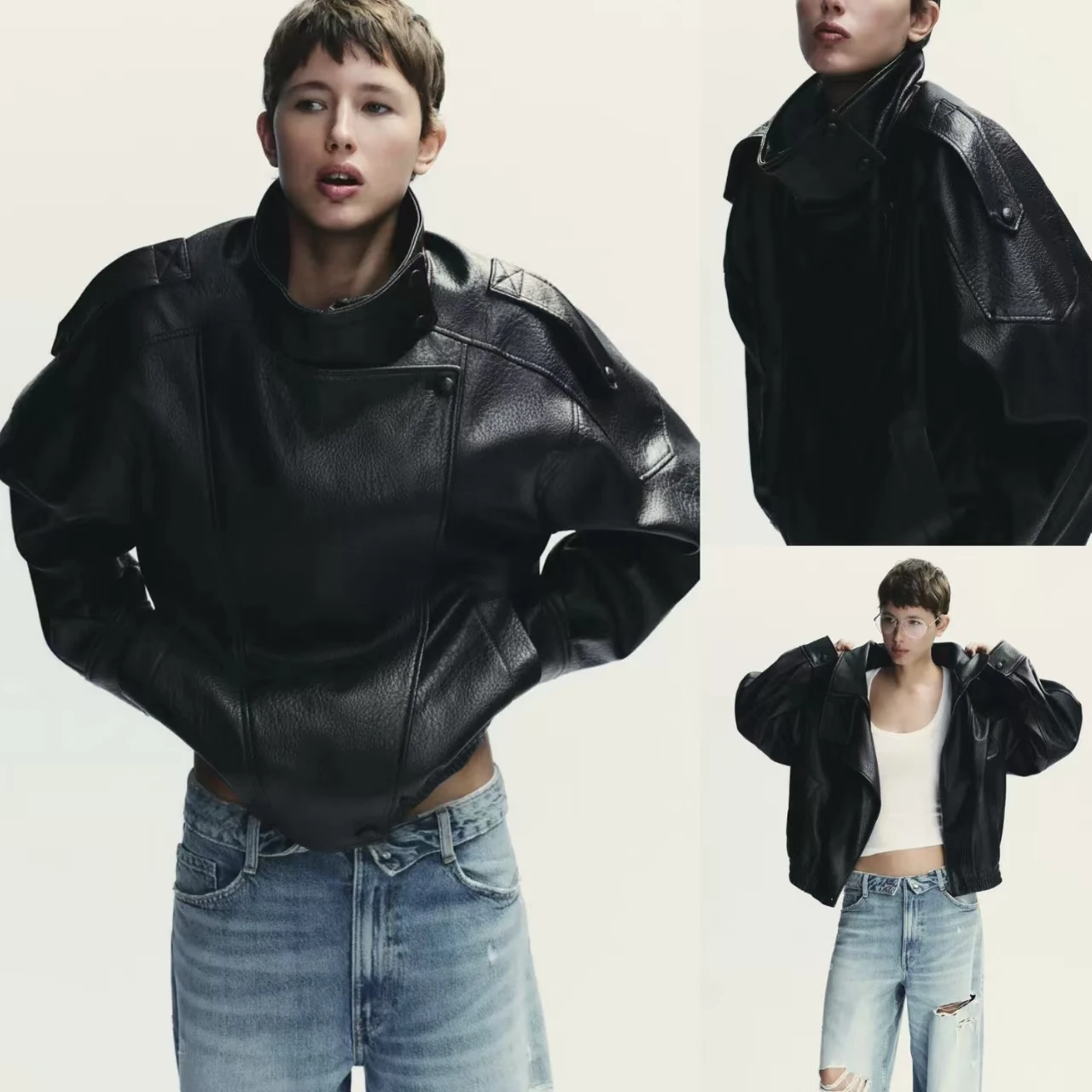 Fall 2025 New Women's Long Sleeve Faux Leather Stand Collar Jacket Outerwear Casual Style Windproof Zipper Closure Regular Fit