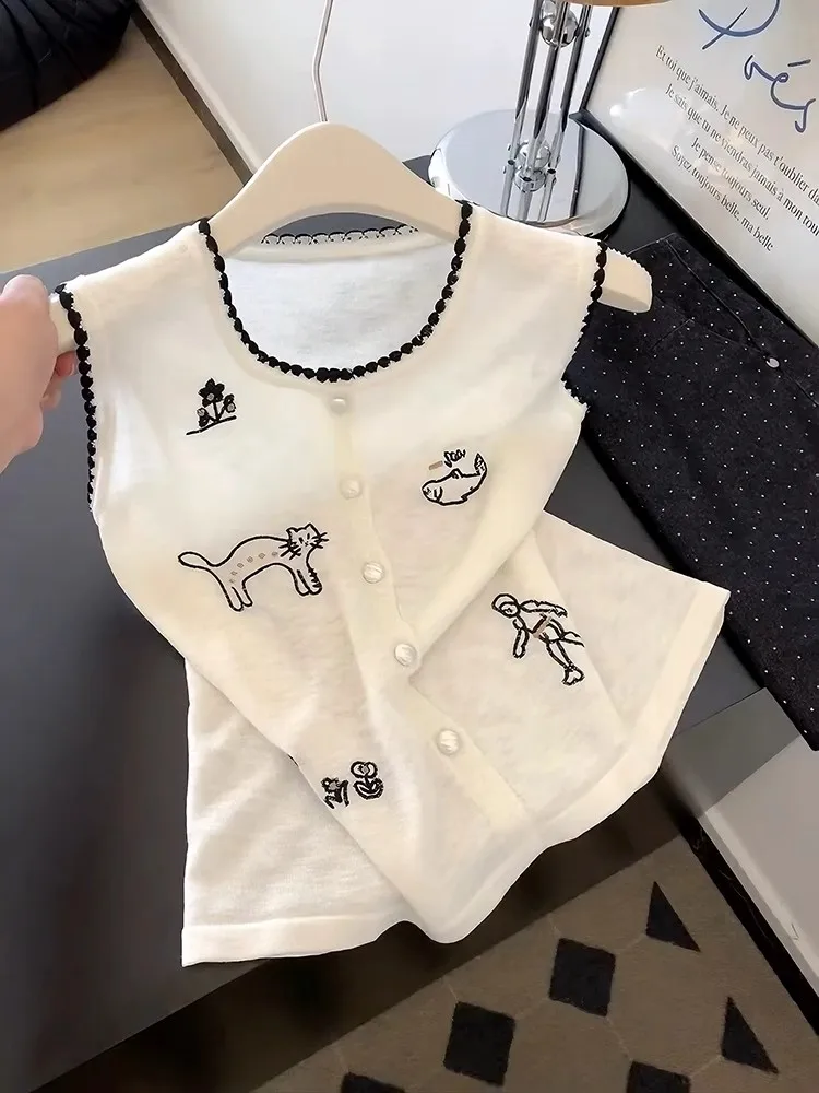 

Летний тонкий вязаный жилет из ледяного шелка, женский повседневный топ с вышивкой U-Ne, легкая дышащая верхняя одежда