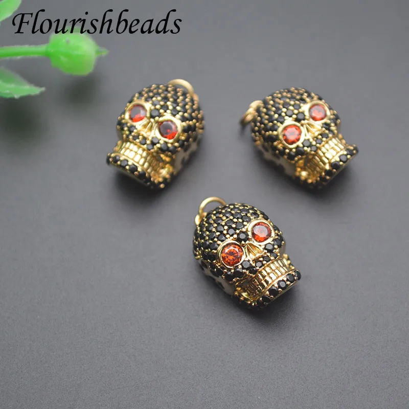 12x17mm Luxury Paved Black CZ Beads Gold Color Metal Skull Head Charms Pendant  DIY Jewelry Making