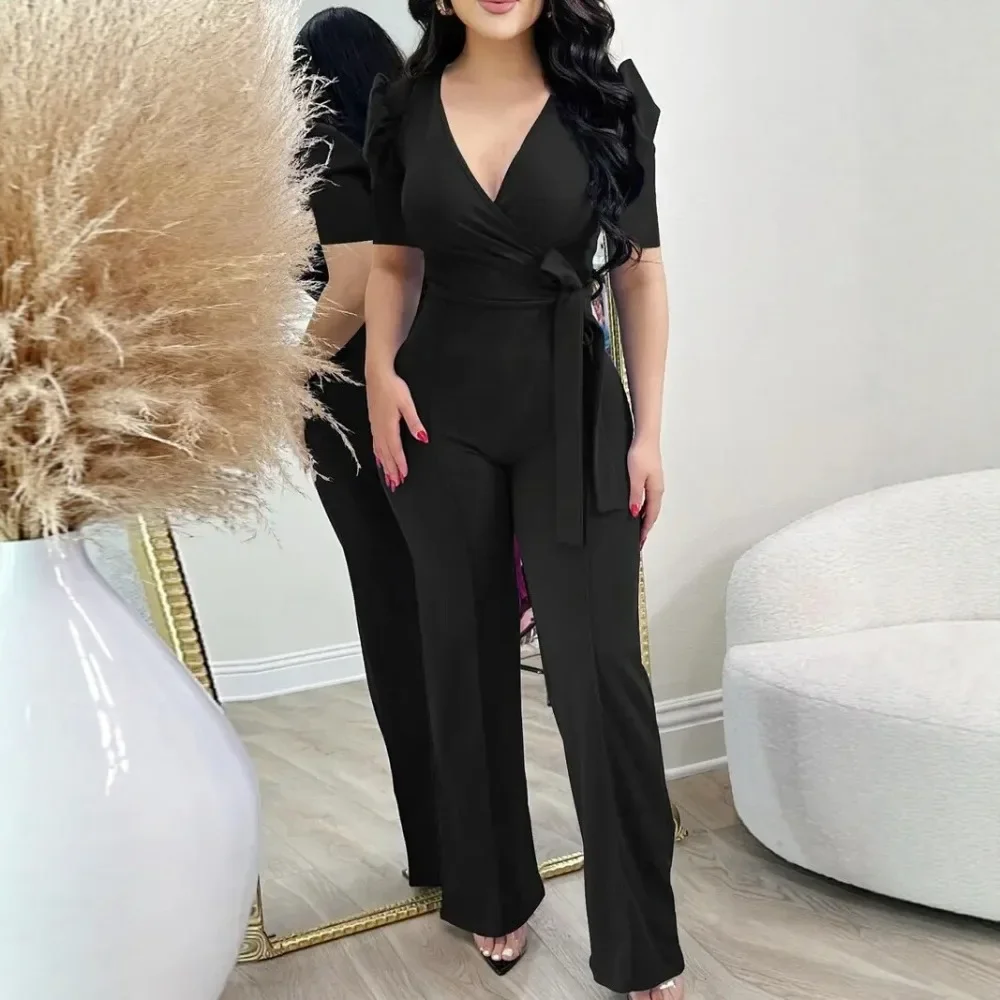 Women New V Neck Jumpsuit Slim Waist Wide Leg Pants Solid Color Elegant Long Jumpsuit Ladies Fashion Romper