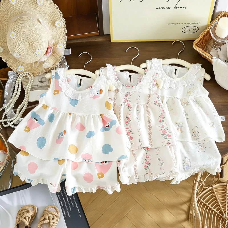 2PCS/set Sleeveless Princess Top +Pants Floral Print, Summer Thin Outfit for Baby Girls Baby Girl Cute Floral Skirt Children Set
