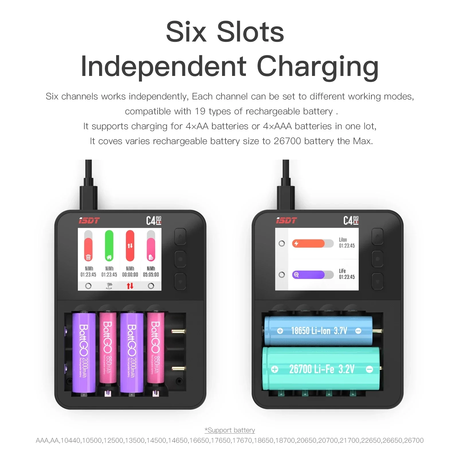 ISDT C4 EVO slimme batterijlader met Type-C QC3.0-uitgang voor AA AAA Li-ion-batterij met IPS-scherm en brandpreventie