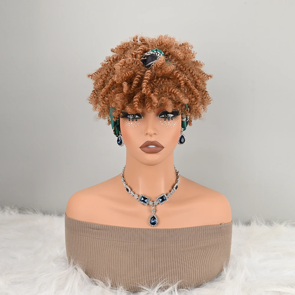 Headband Attached Synthetic Wig for Women Light Brown Short Kinky Curly Full Wig With Geometric Chain Printed Fabric Head Wrap Heat Resistant Fiber Wig for Daily Event Party Costume Use