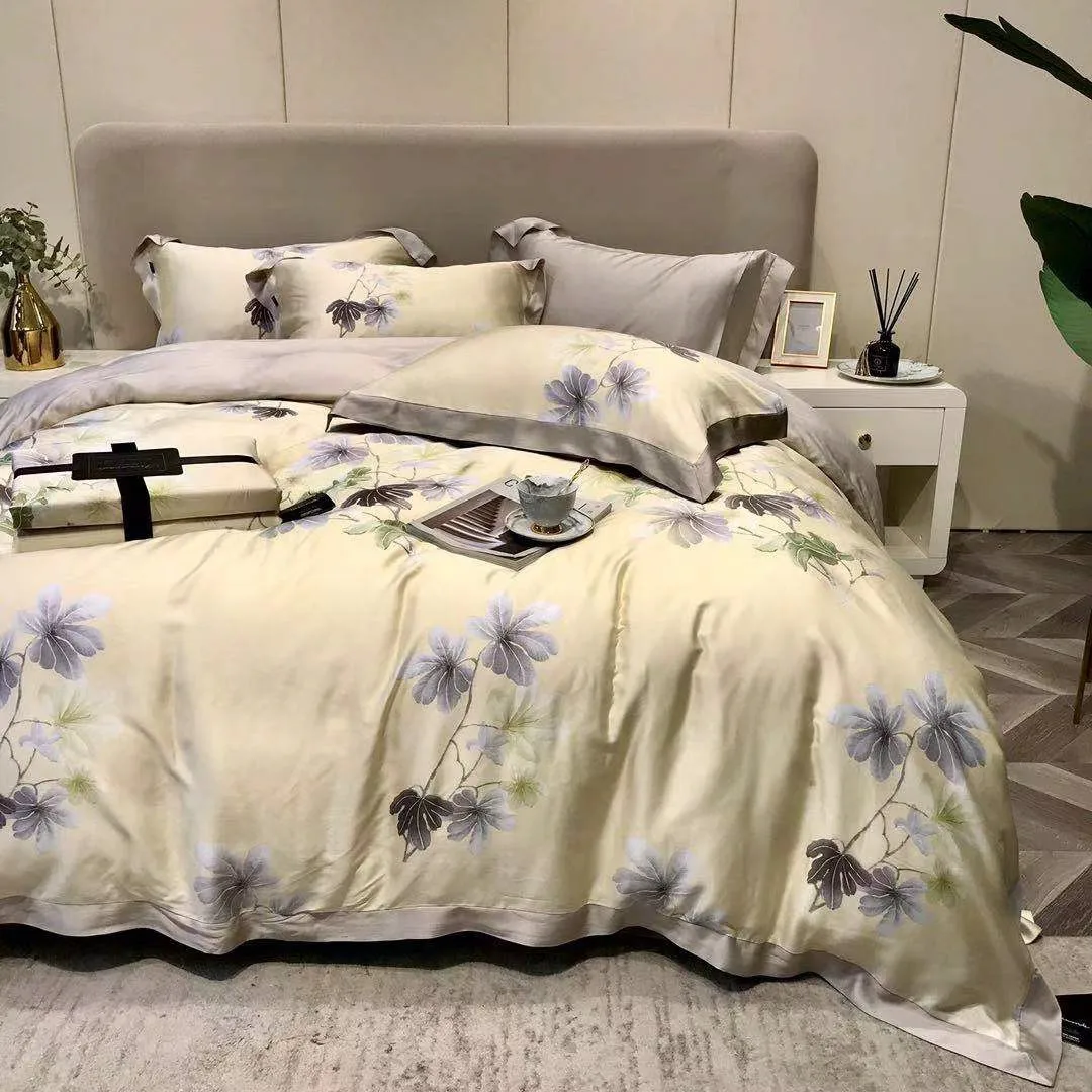 2023 New Long Staple Cotton Plant Pattern Four-piece Bedding Household Must Four Seasons Universal Luxury Bedding Khaki Gray