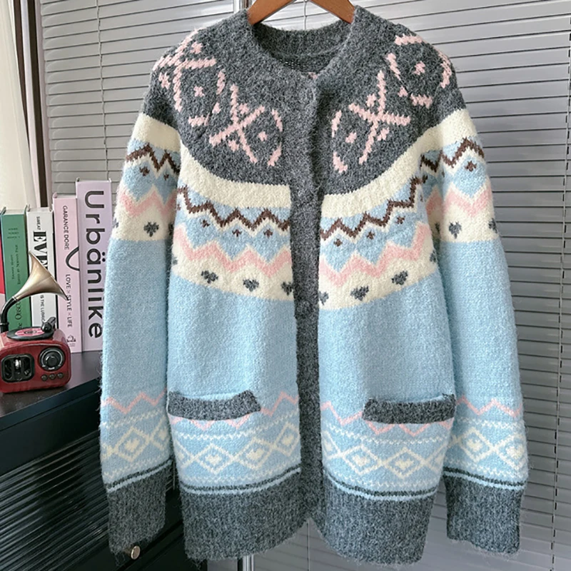 الأزرق الجاكار سترة مشغولة من الصوف المرأة الحلو كم طويل س الرقبة كسول الرياح سترة خمر خريف شتاء فضفاض عادية زر بلوزات جديدة #5