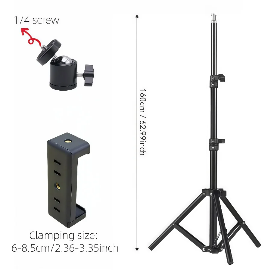 Metal Lightweight Floor Tripod 160 cm Mobile Phone Stand with Phone Holder, Suitable for Photography Studio Soft Light Box, Video
