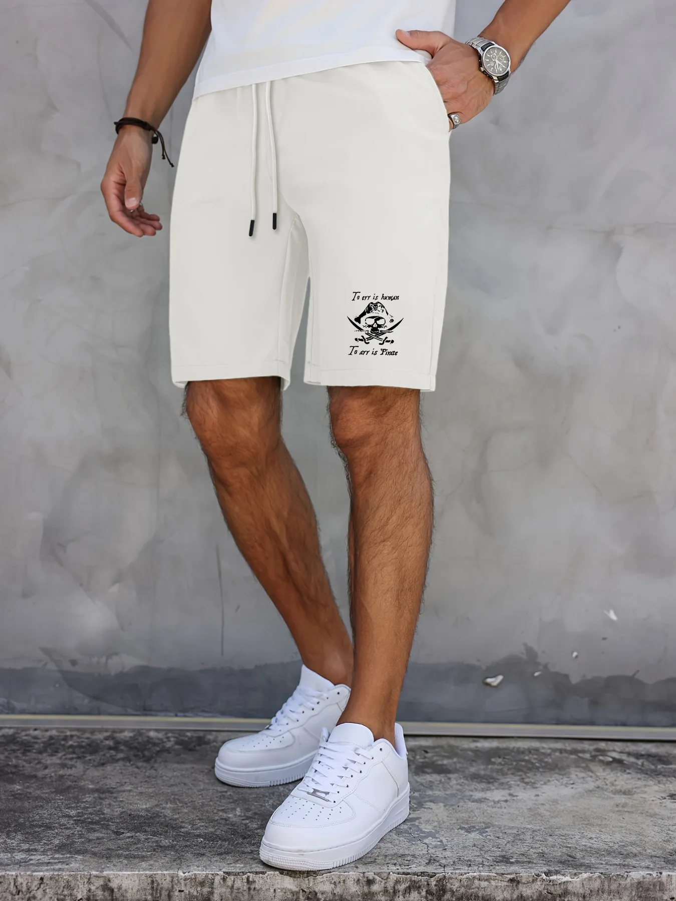

Men's Drawstring Comfy Casual Shorts Pirate Skull Print "To err is human To arr is Pirate" Text Design Summer Fashion Shorts