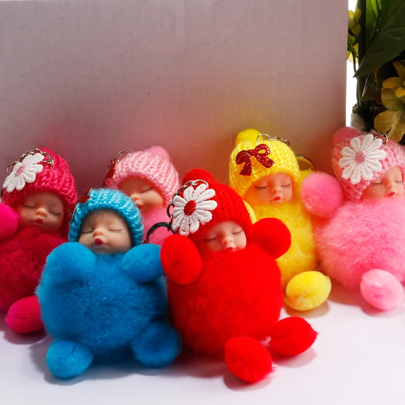 Multi-colored Knitted Hat Sleeping Baby Key Ring Bag Pendant Fluffy Plush Doll Key Bag Keyholder Fashion Jewelry Gift Charming