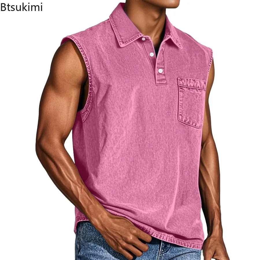 2026 Men American Style Sleeveless T-Shirt Vintage Casual Turn Down Collar Pull on Tshirt Male Solid Streetwear Casual Tank Top