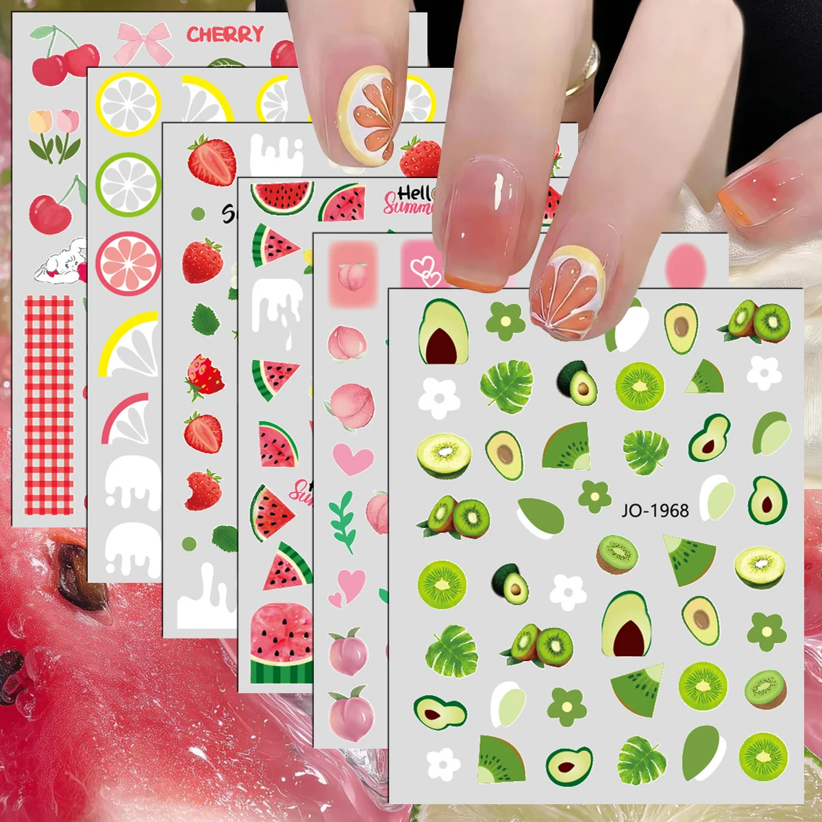 Nail Art Strawberry - 3/6/12 Blatt 3D Sommerfrucht Nagelkunst-Aufkleber Avocado