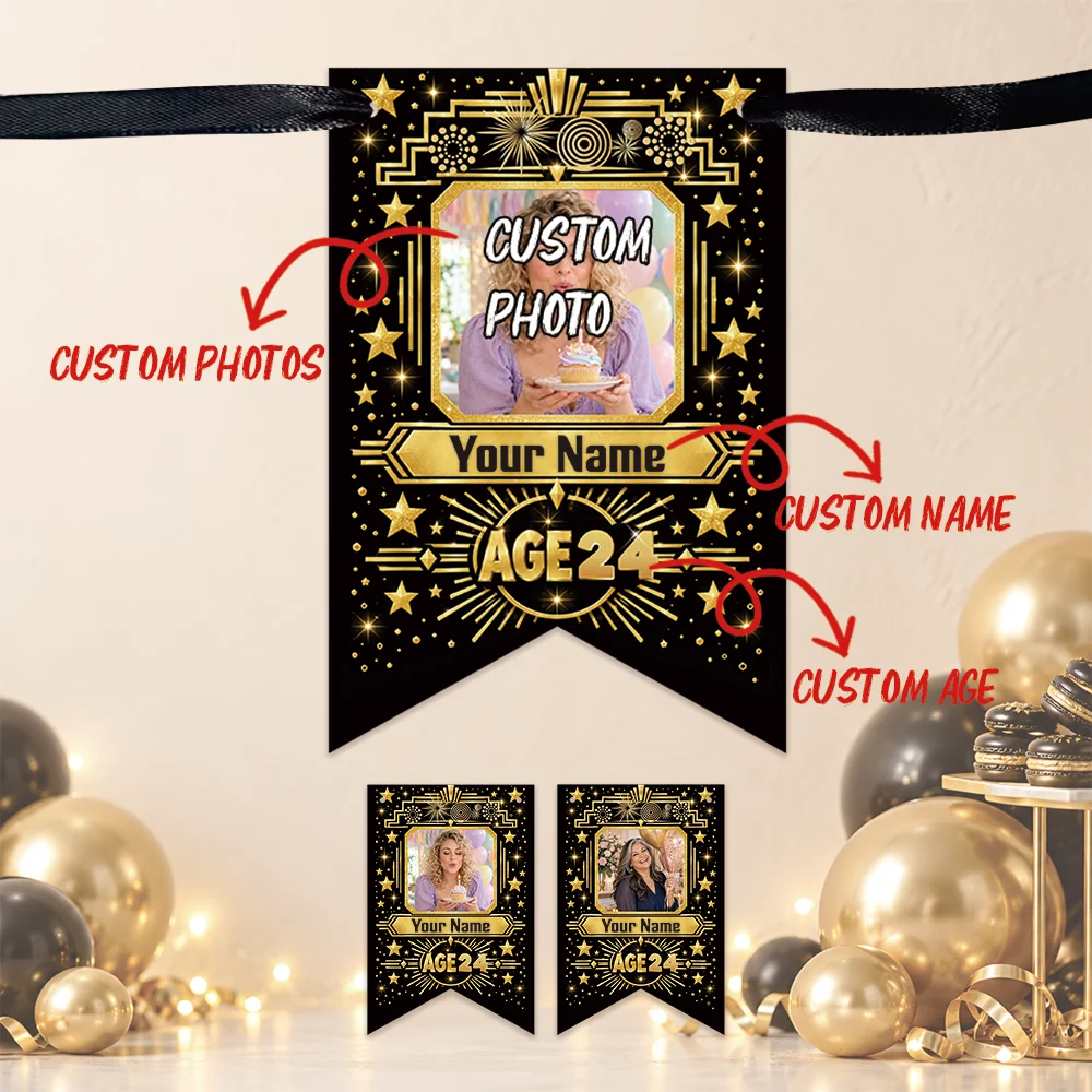 16pcs, Custom Happy Birthday Banner, Black Gold Swallowtail Pennant Bunting, Personalized Text Wall Decor with 5m Ribbon