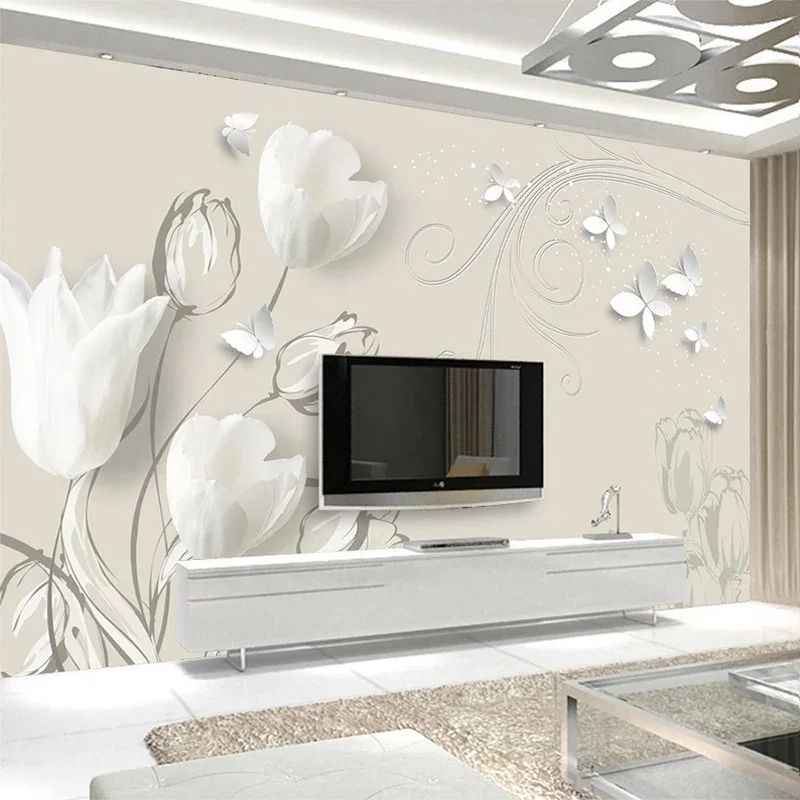 Custom 3D Mural Wallpaper Tulip Flower Butterfly Modern Art Wall Painting Living Room Sofa TV Background Photo Papel De Parede