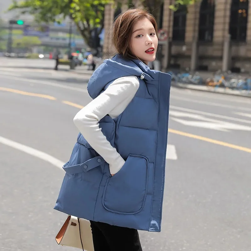 2024 New Winter Jacket Sleeveless Waistcoat Women Underwaist Coat Long Hooded Quilted Puffer Vest Female Warm Thicken Outerwear