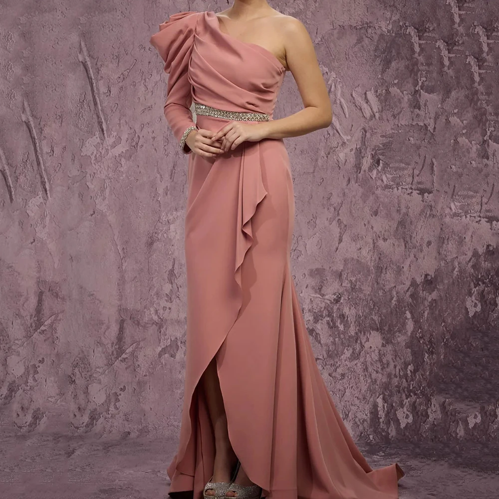 

Women's Mermaid Evening Dresses Floor-length One-shoulder Full Sleeve Prom Gown Fashion Crystal Pleat Draped Customized Gowns