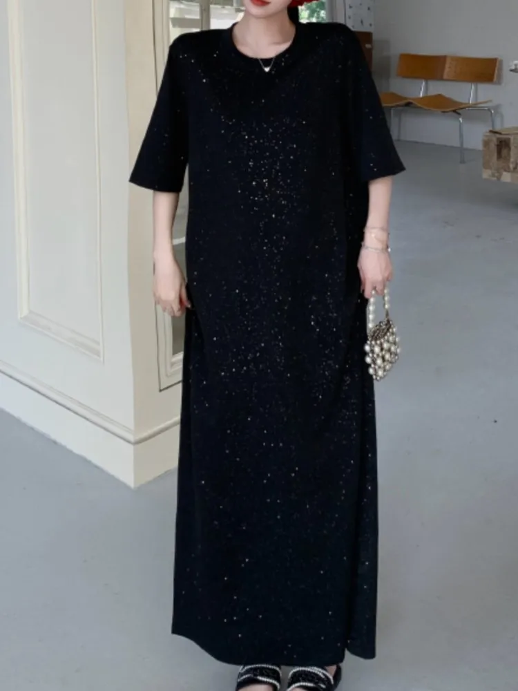 Vestido negro largo suelto con camiseta para mujer, vestido de verano de gran tamaño para mujer, vestido coreano elegante Viatage, Vestidos para mujer