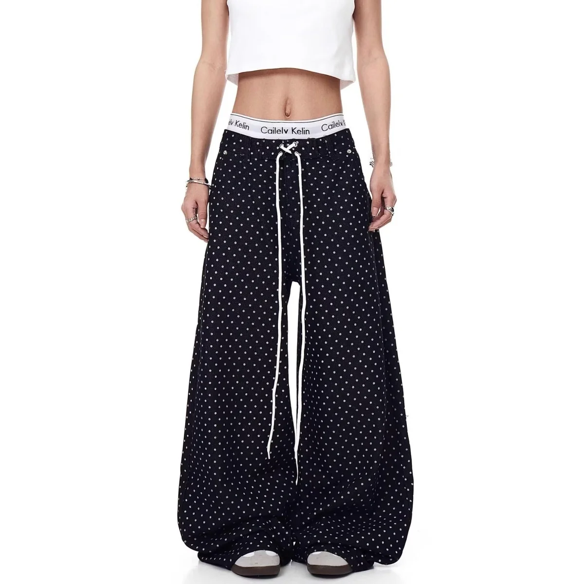 

Retro American Polka Dot Hemmed Wide Leg Jeans Women's Summer High Street Design Straight Loose Fit Denim Pants