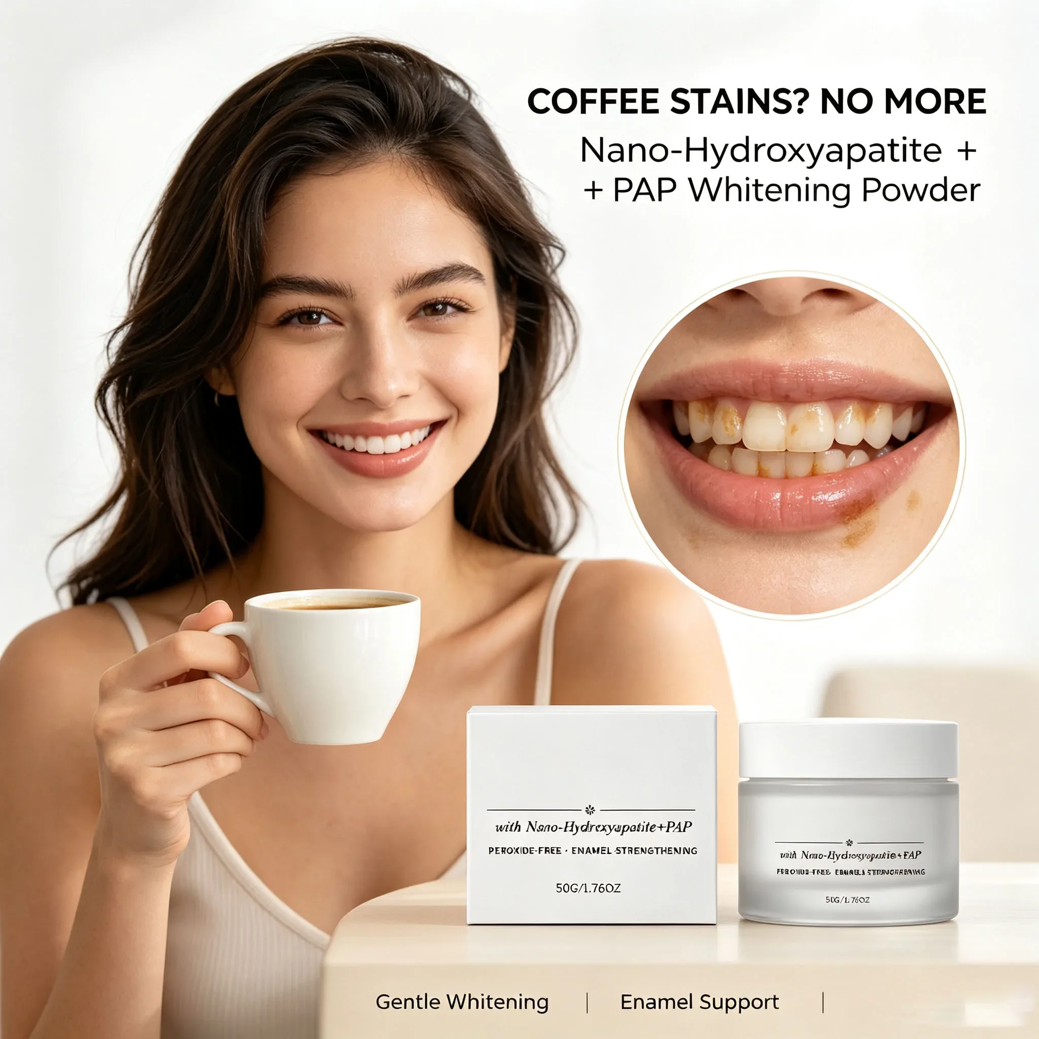 Peroxide-Free Teeth Whitening Powder with Nano-Hydroxyapatite & PAP, Strengthen Tooth Enamel, Remove Coffee & Tea Stains