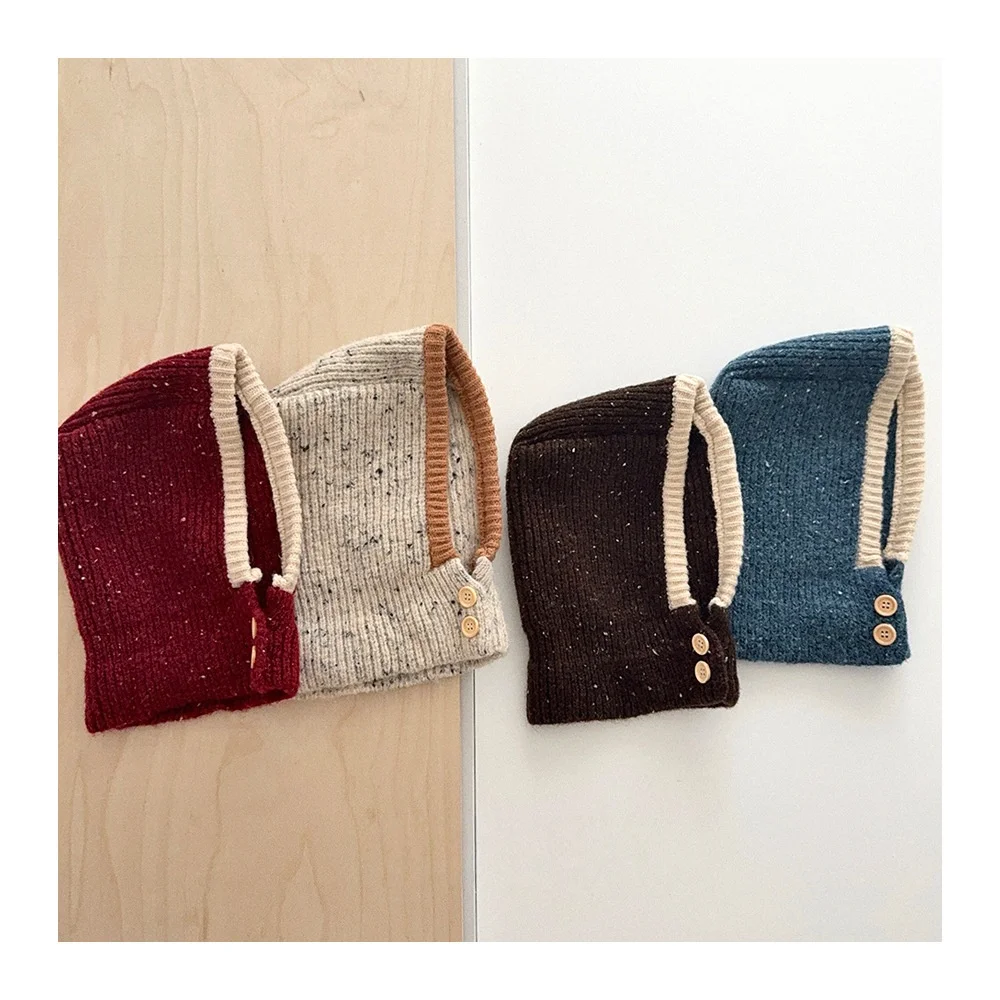 

3-6Y Kids Knit Hat Neck Warmer Integrated Beanie Autumn Winter Warm Windproof Color Block Button Hat