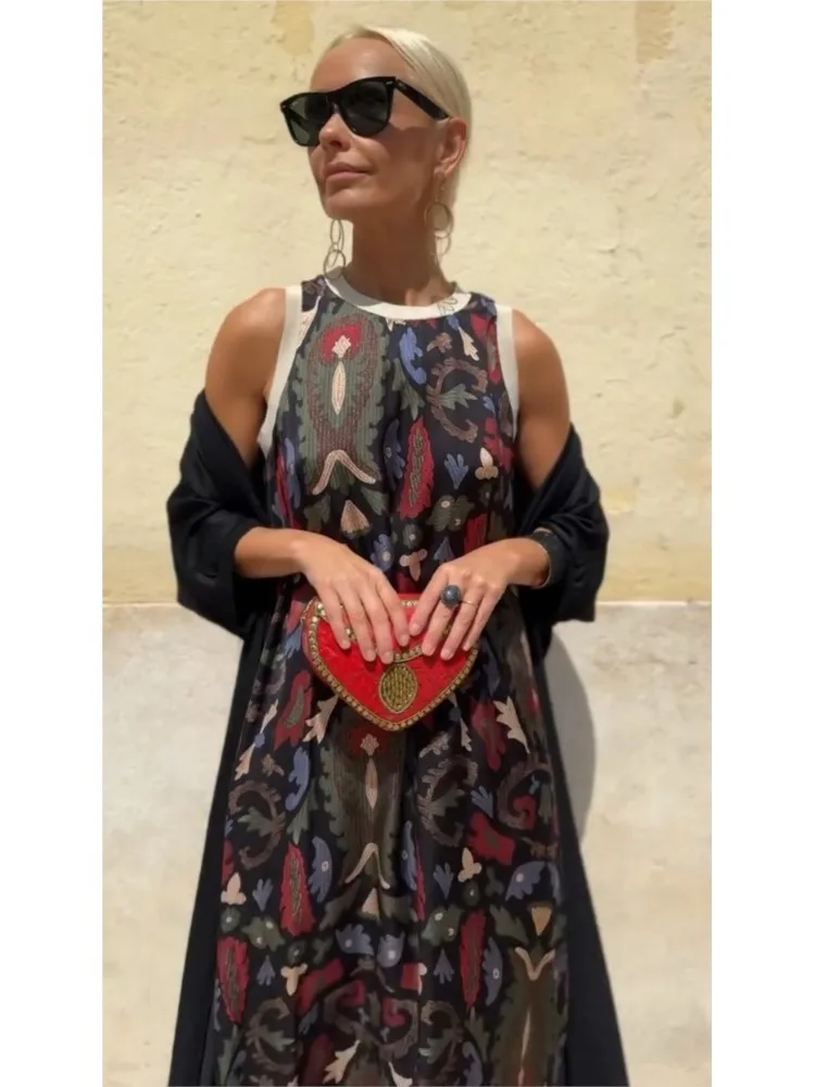 new Autumn Women's Two-piece Sets Dress Sleeveless Round-neck Ankle-length Sundress Cape Coat Bohemian Printed Vacation Dress image 4